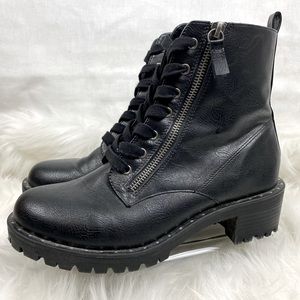 Report Women 7.5 Black Combat Style Zip Ankle Faux Leather Lace Boots Booties